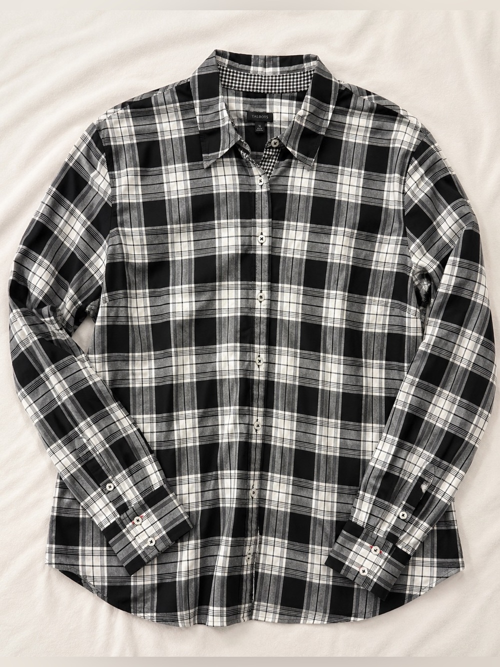 Talbots XL NWT Black White Plaid Cotton Button Front Classic Long Sleeve